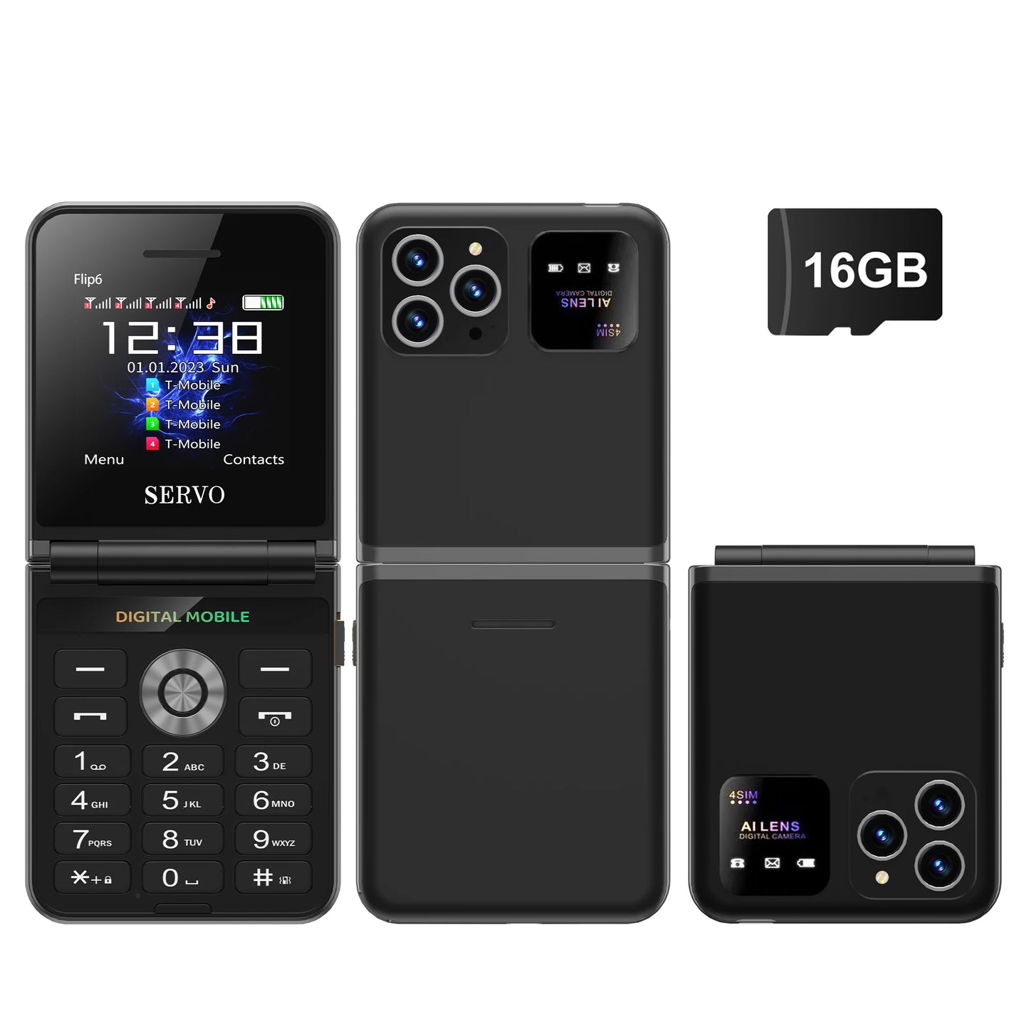 SERVO Flip6 GSM Fold Mobile Phone 4 SIM Card 2.4'' Screen Auto Call Record Button Torch Speed Dial Magic Voice Popular Cellphone