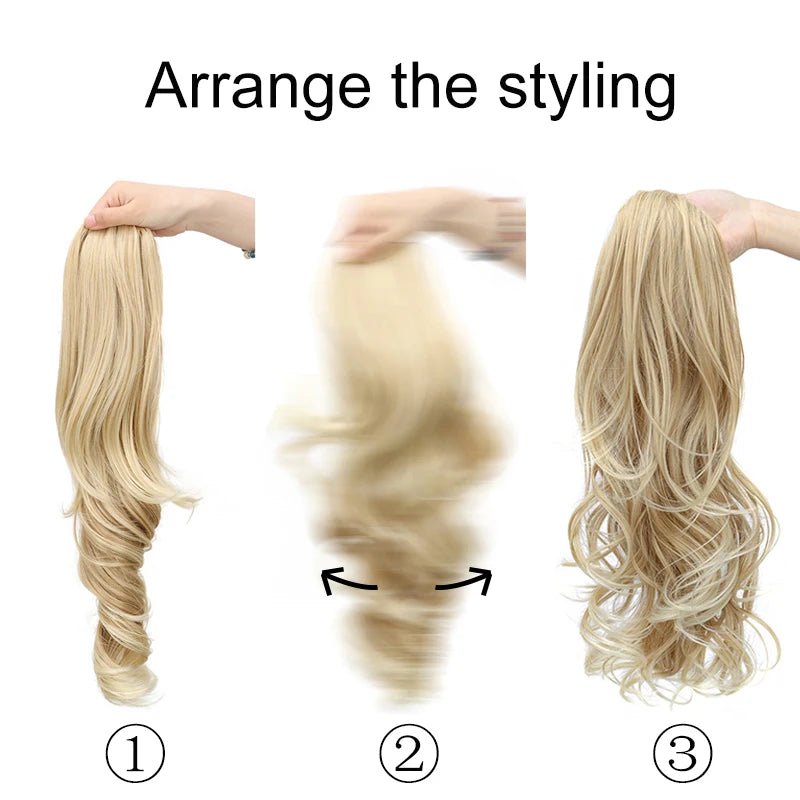 Synthetic 22Inch Long Wavy Curly Layered Ponytail Drawstring Clip in Hairpiece Black Blonde Hair for Women