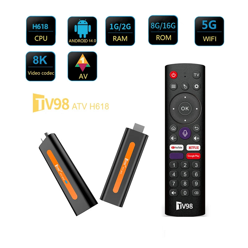 8K ATV Smart TV Stick Support Android 14 Video 4K BT5.0 WiFi 6 Allwinner H618 Quad Core Cortex A53 Voice Remote Smart TV Box