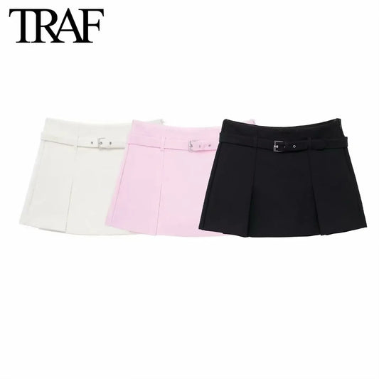 TRAF Women Fashion Summer New White Solid Color Casual Belt Side Zip Mini Culotte High Waisted A Line Wide-leg Shorts Skirt Pant