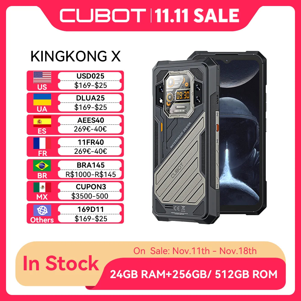 2025 CUBOT KINGKONG X, Rugged Smartphone 5G, 32GB RAM(16GB+16GB), 256/512GB ROM, 10200mAh, 6.583-Inch 120Hz Screen, NFC,WiFi 6,