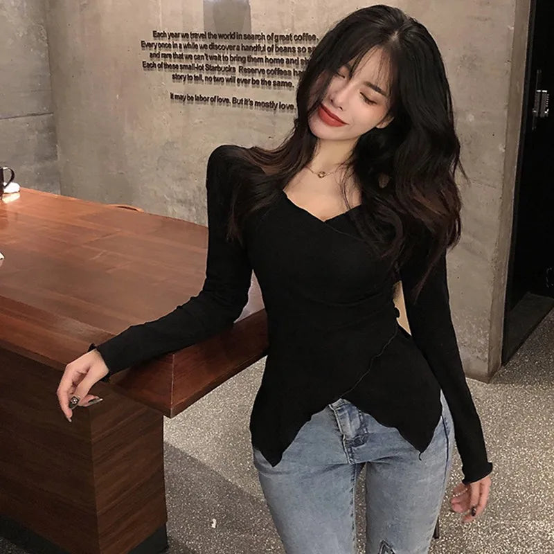 Autumn Women Sexy Slim V neck T-shirt Long Sleeve Solid Color Off Shoulder Korean Sweet Tee Tops Basic Tshirt