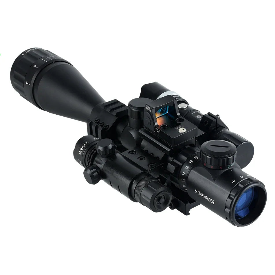 Tactical 6-24x50 AOEG Optical Sight Long Range Rifle Scope with Red Green Dot Laser Combo Riflescope Hunting Airsoft Scopes