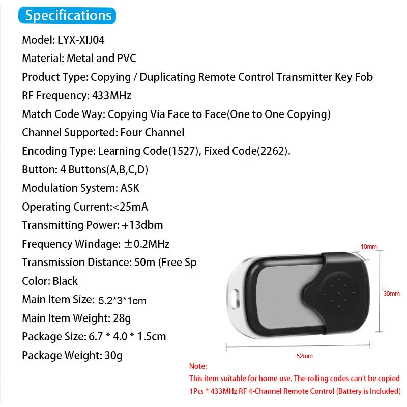 433MHz RF copy and copy remote control clone function transmitter garage door electric key access gate CAME remote control autom