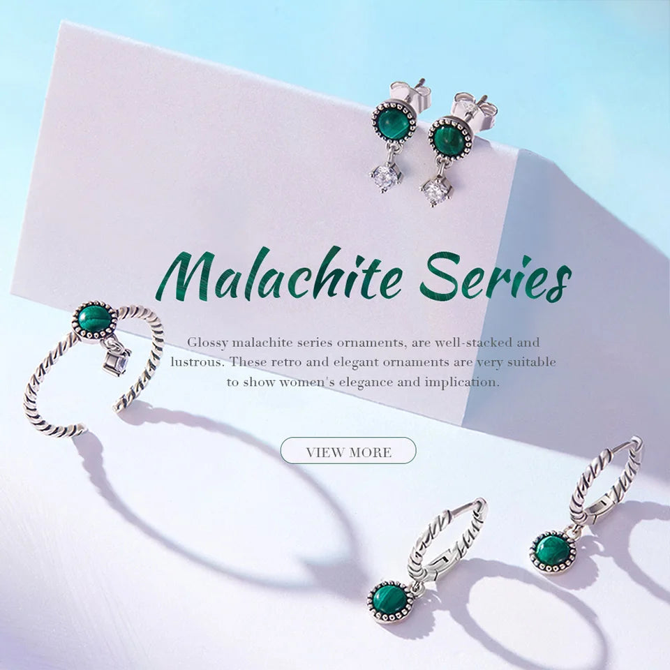 WOSTU 925 Sterling Silver Vintage Green Malachite Open Twist Rings for Women Handmade Round Natural Stone CZ Link Ring CQR853