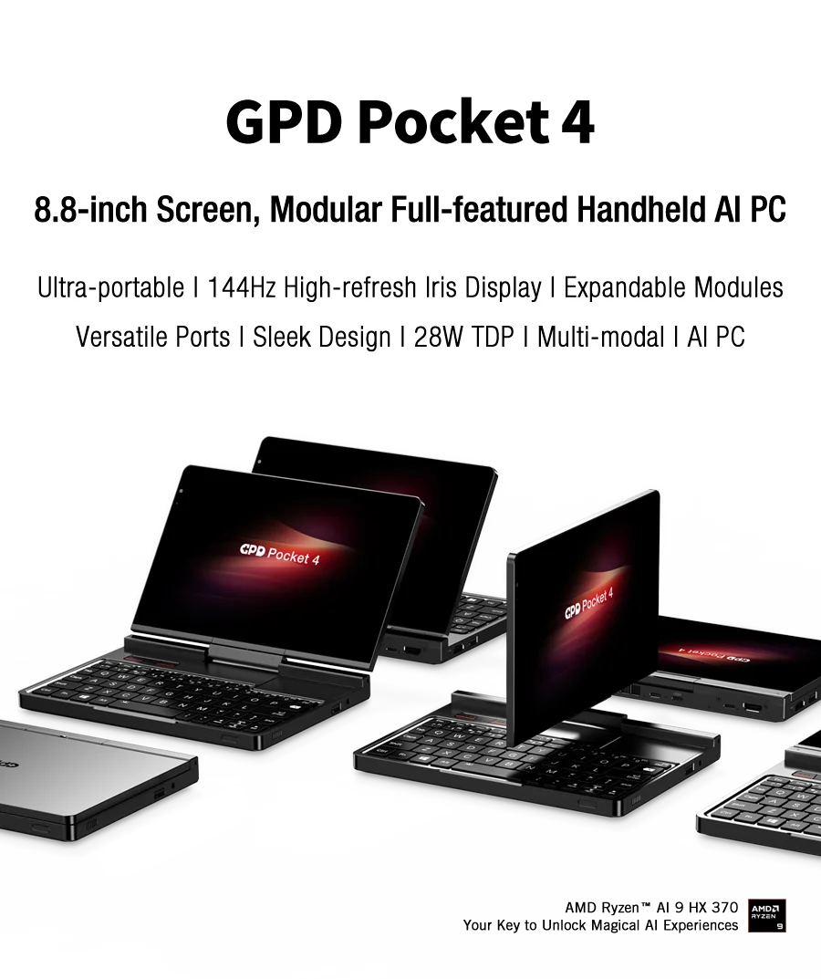 New 2025 version In stock! Original GPD Pocket 4 8.8-inch AMD AI 9 HX 370 64GB RAM 2TB NVMe Mini Laptop Computer for business