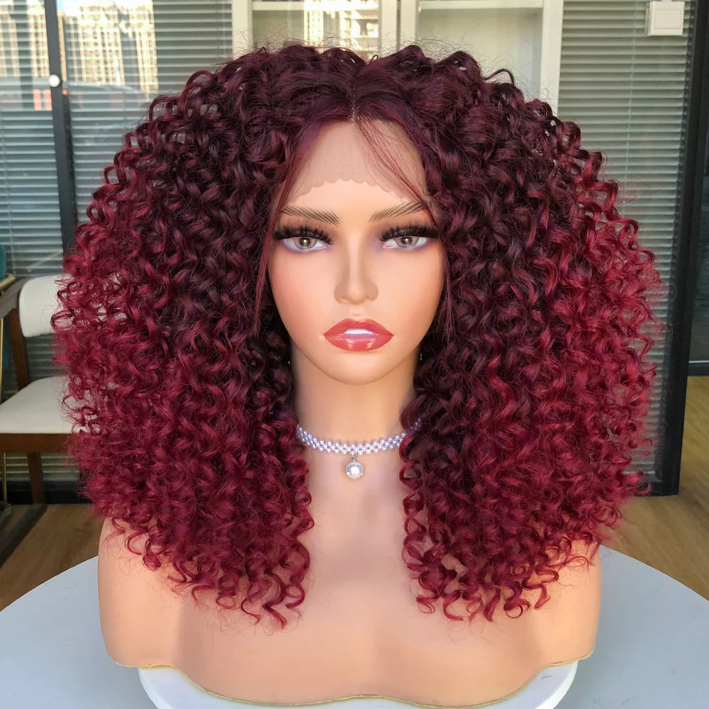 Short Bob Wig Lace Front Wigs for Women Afro Kinky Curly Wigs Ombre Brown Synthetic Middle Nature Hair Black Headgear with Clips