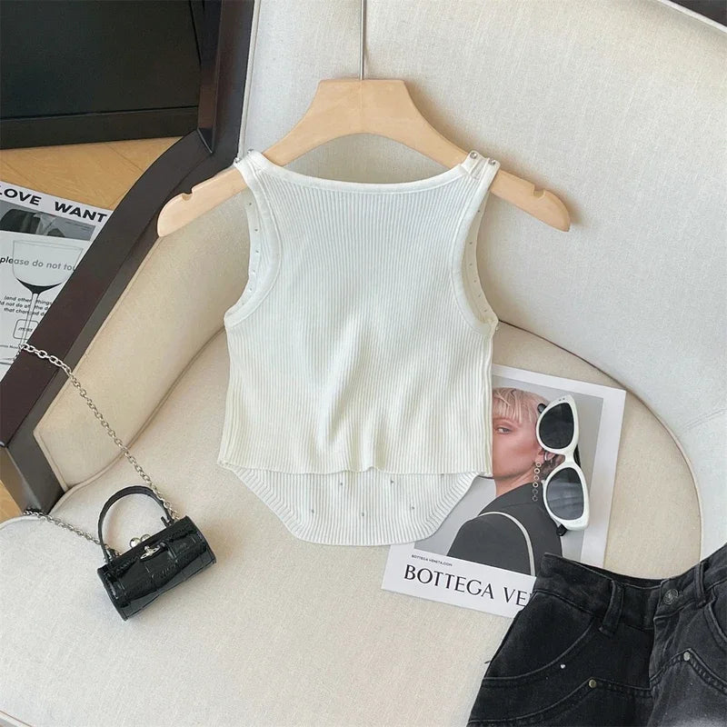 2024 New Rhinestone Knitted Tank Top White Crew Neck Sleeveless Tank Top For Summer  Women's Clothing Crop Top Camis