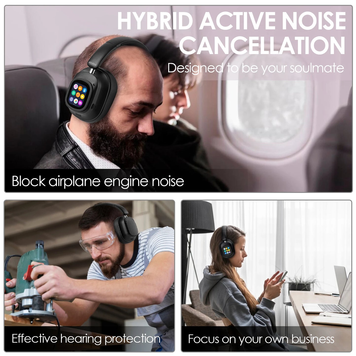 Siindoo JH-ANC930Plus Hybrid Wireless Headphone, Active Noise Cancelling Headphones With Multi Magnetic Touch Control LED Screen