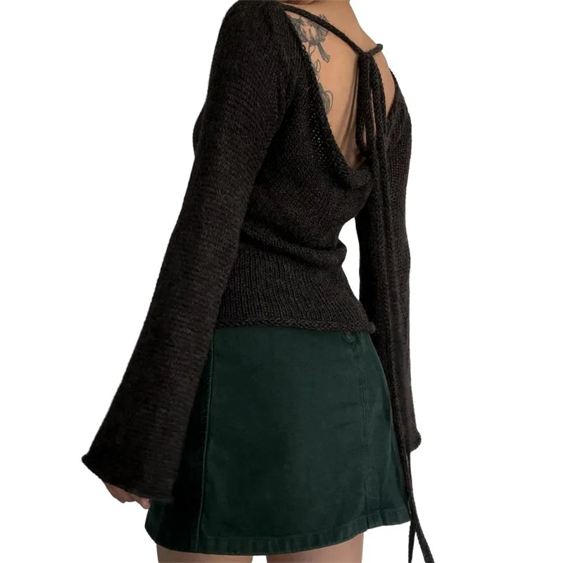 Women's Tie Back Sweaters Autumn Winter Flared Long Sleeve Off Shoulder Solid Color Knitted Tops Casual Streetwear Pullovers