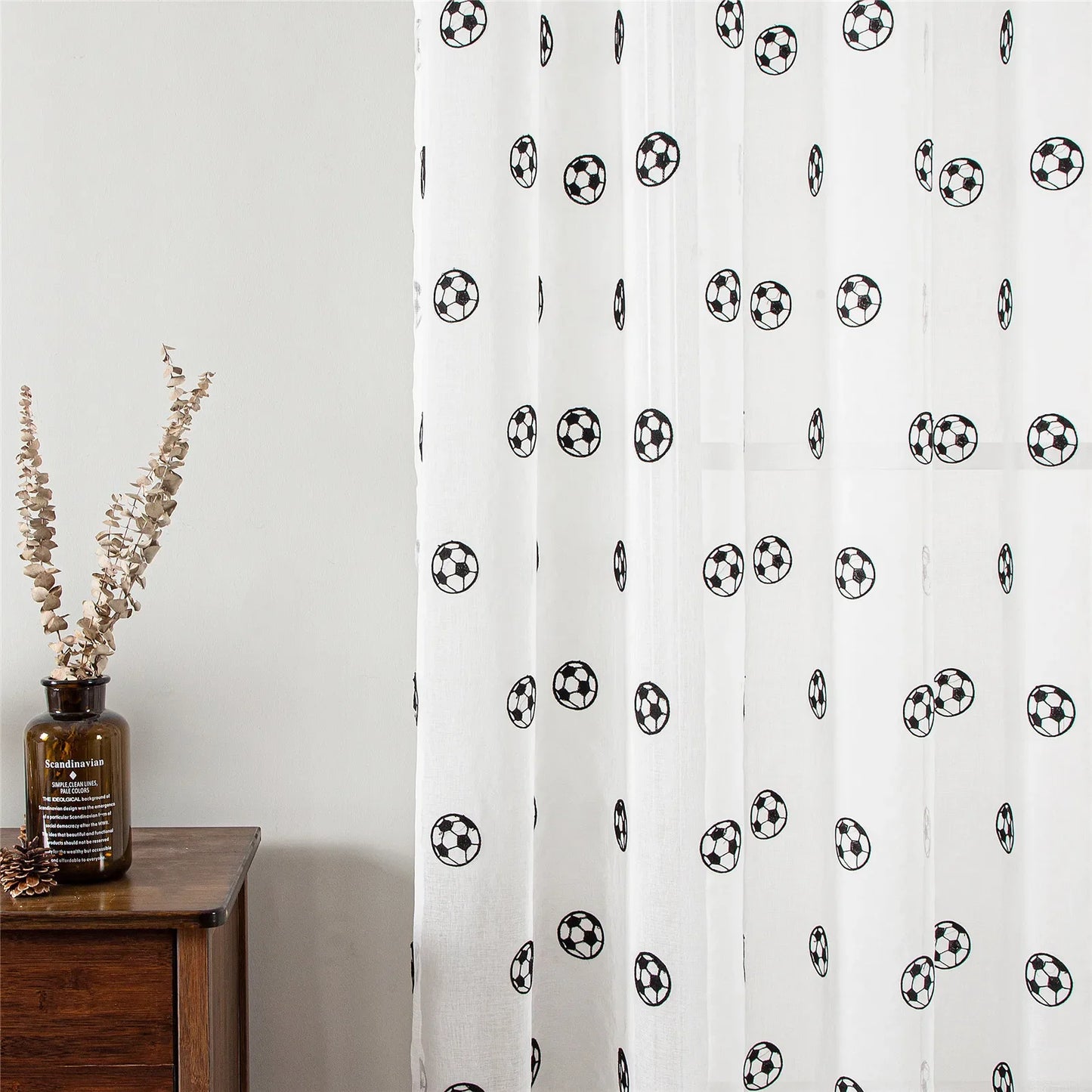 Football Embroidered Curtains, Tulle Curtain for Childrens Room, White Soccer Drapes for Living Room Bedroom Window Decoration