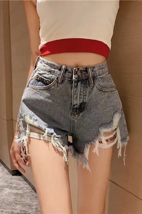 Feynzz Fashion New Summer Women High Waist Button Wigh Leg Jeans Shorts Casual Female Loose Fit Blue Denim Shorts