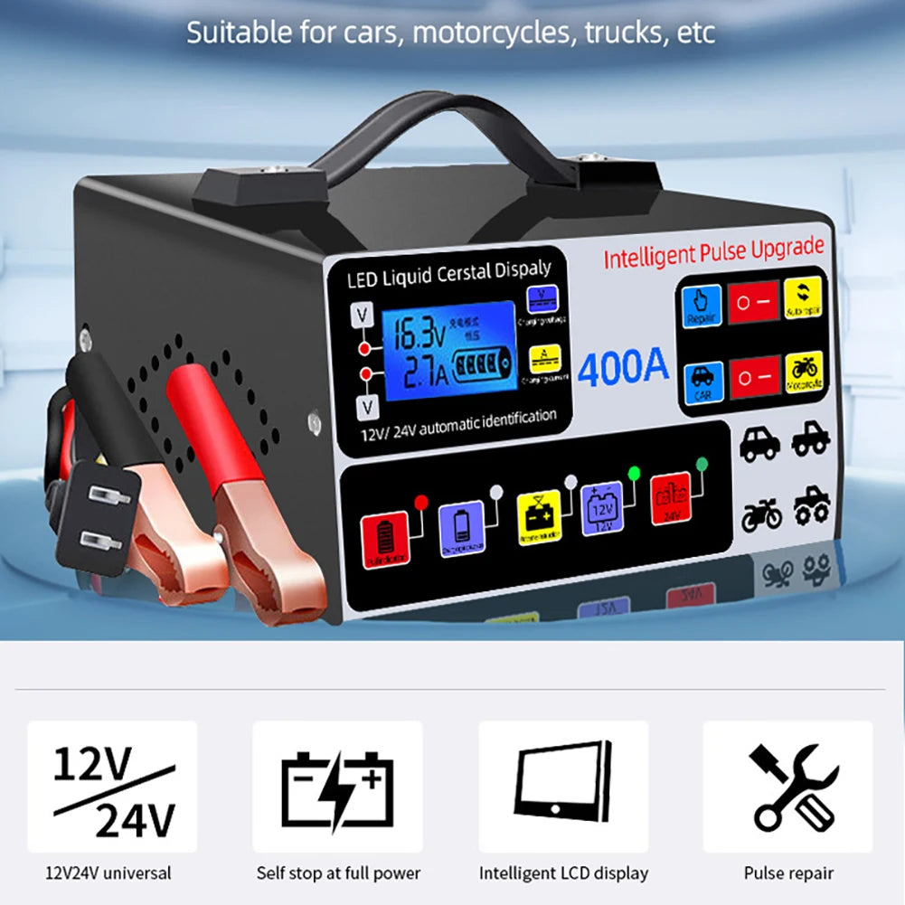 Car Battery Charger Pulse Repair LCD Display Smart Fast Charge 12V/24V Self-Stop Car Battery Charger For Auto Motorcycle Charger