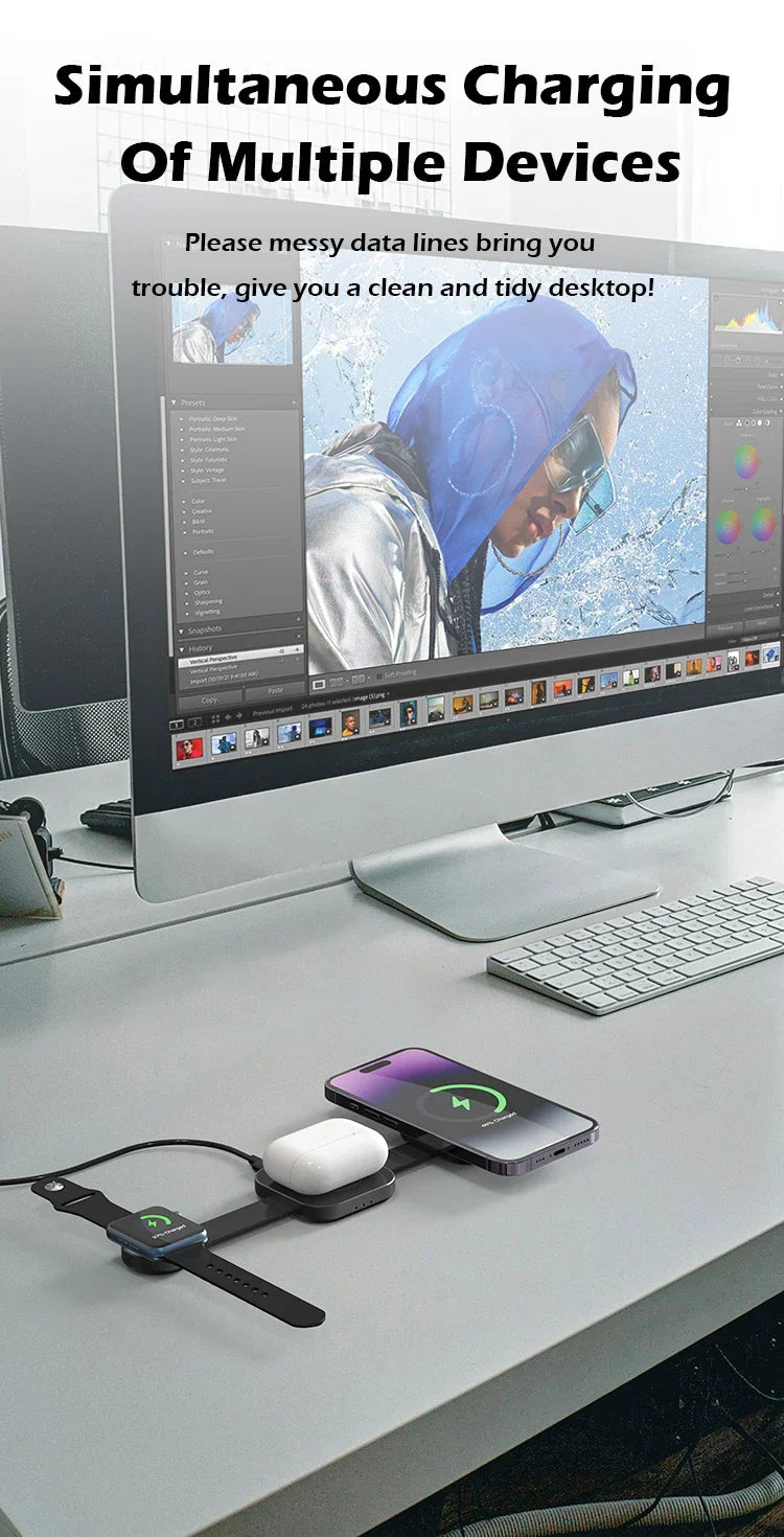 3-in-1 Travel Wireless Charger Foldable Magnetic for IPhone 15 14 13 12 Pro Max,for Apple Watch and AirPods Fast Shipping