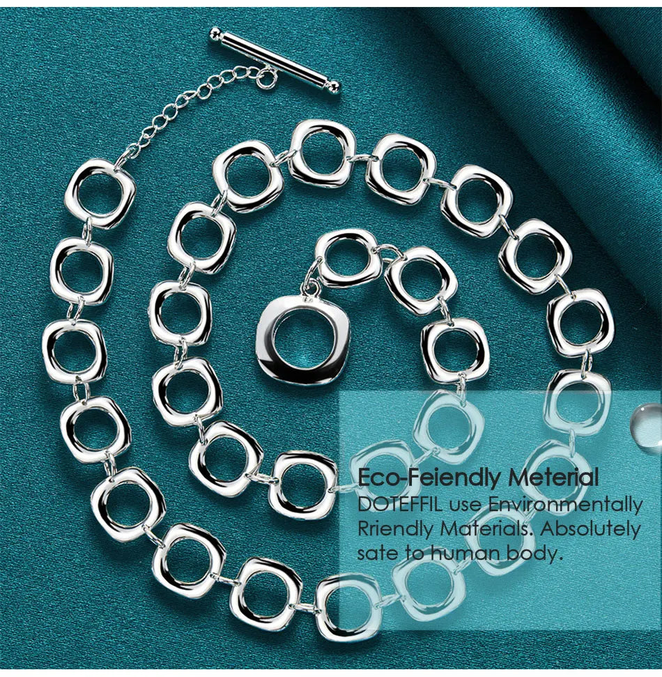DOTEFFIL 925 Sterling Silver Square Round Chain Necklace For Women Man Charm Wedding Engagement Party Fashion Jewelry