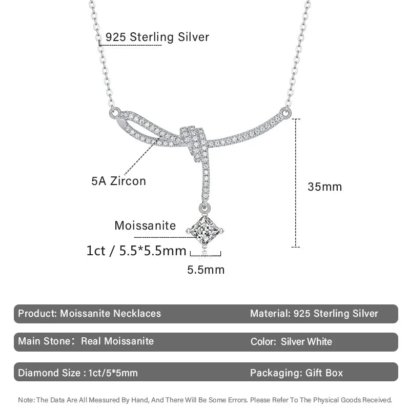 1CT/5*5MM Square Princess Cut Real Moissanite Necklaces  Original 925 Silver Elegant Luxury Diamond Pendants Necklace for Women