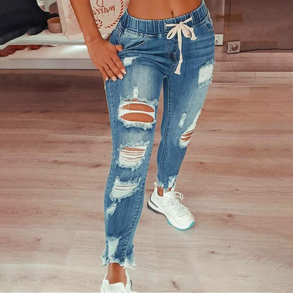 Womens Stretch Skinny Ripped Hole Washed Denim mom Jeans Female Slim Jeggings High Waist Pencil Pants Trousers