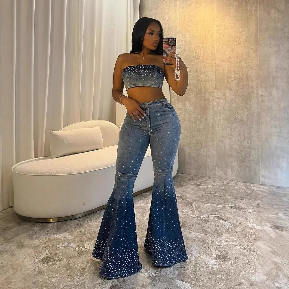 Denim Pant Set Women Two Piece Sets Sexy Matching Sets Sleeveless Short Tops Long Flare Pants High Waist Slim Hot Diamond