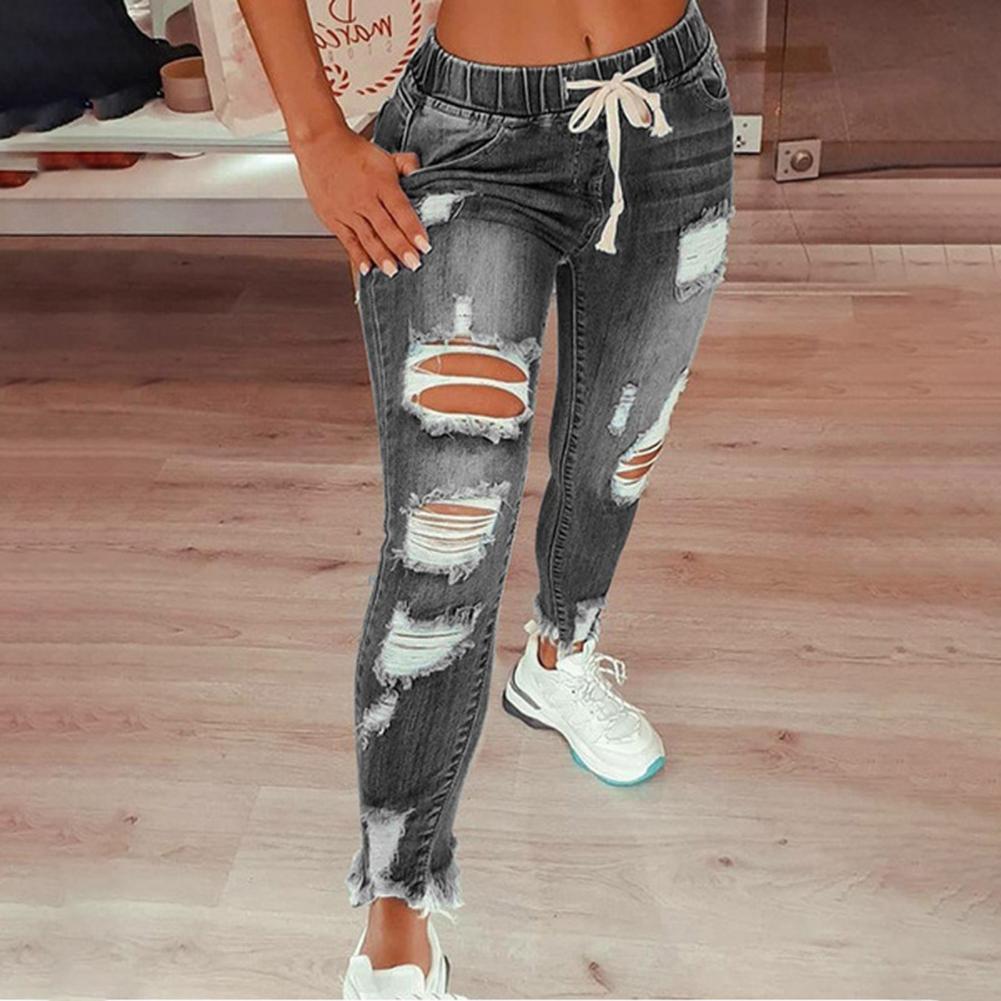 Womens Stretch Skinny Ripped Hole Washed Denim mom Jeans Female Slim Jeggings High Waist Pencil Pants Trousers