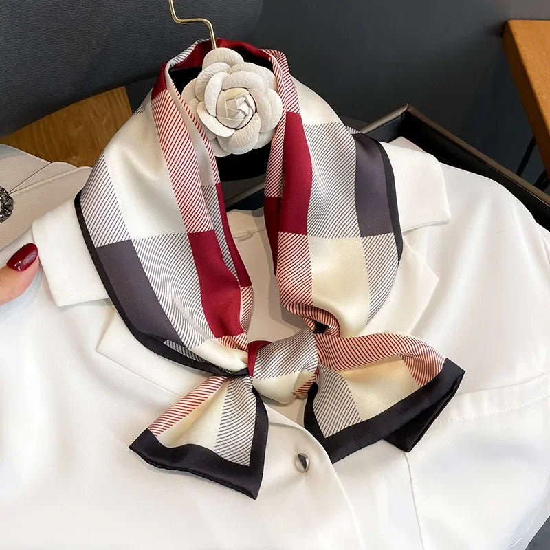 2024 New Luxury Design Ribbon Silk Scarf Plaid Headband Neckerchief Foulard Female Hair Scarfs Neck Ties Lady Skinny Scarves