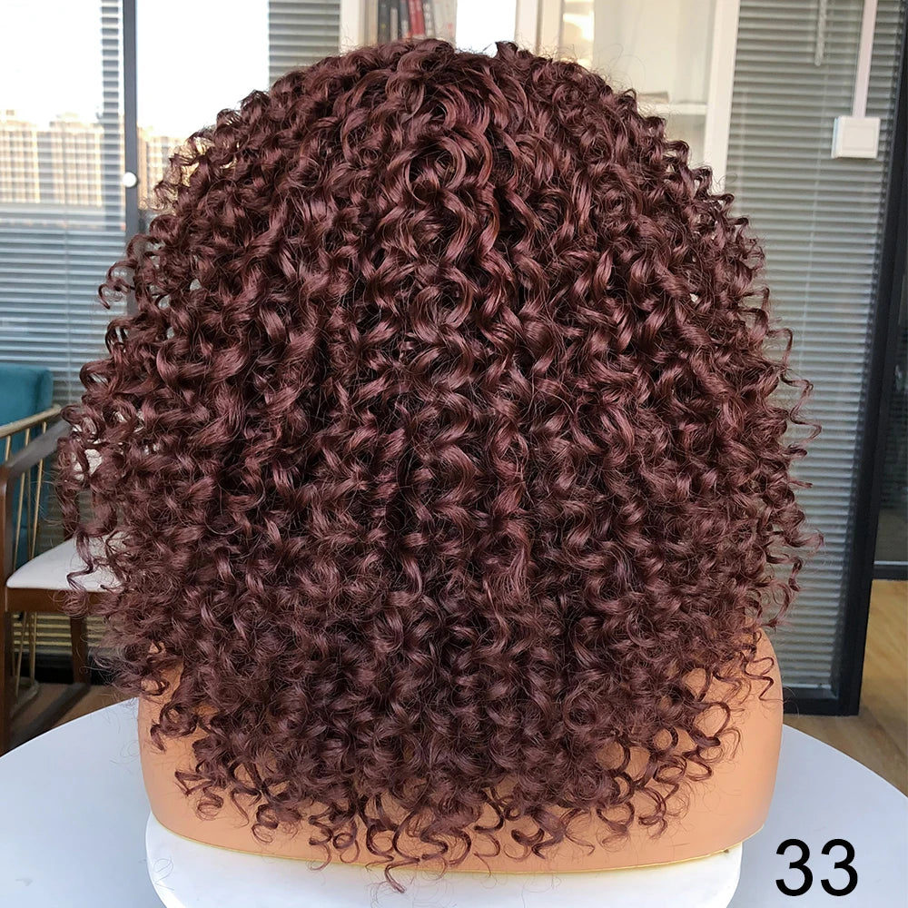 Short Bob Wig Lace Front Wigs for Women Afro Kinky Curly Wigs Ombre Brown Synthetic Middle Nature Hair Black Headgear with Clips