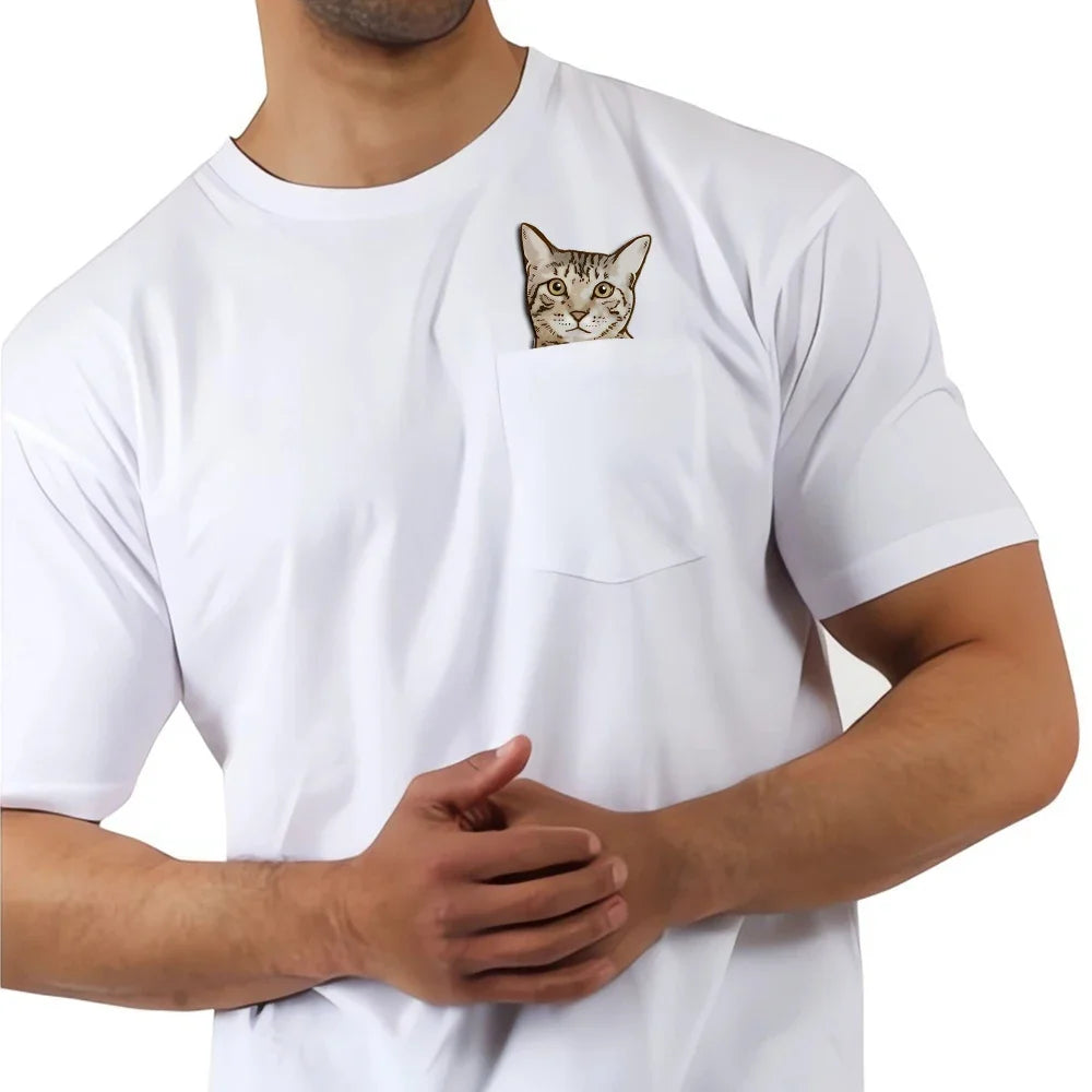 CLOOCL Animals Cat Pocket T-Shirts Tabby Middle Finger Printed T-shirt Men for Women Summer Short Sleeve Shirts Cotton Tees Tops