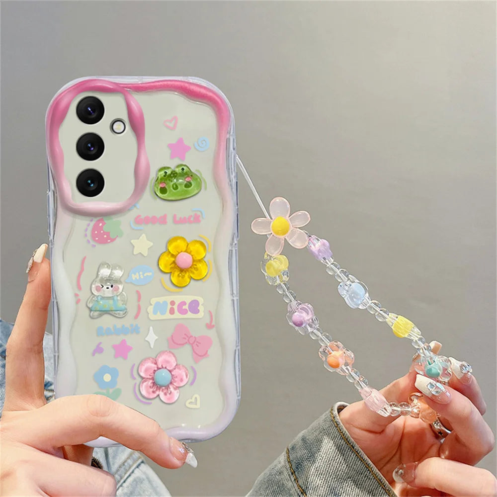 Kuromi Rabbit Phone Case For Samsung Galaxy A10S A71 A72 A73 F04 F12 F54 M04 M12 M22 M32 M54 5G Flowers Wrist Strap Curly Cover