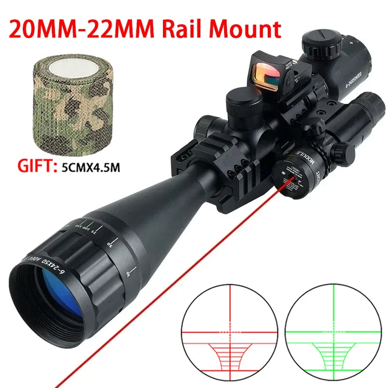 Tactical 6-24x50 AOEG Optical Sight Long Range Rifle Scope with Red Green Dot Laser Combo Riflescope Hunting Airsoft Scopes
