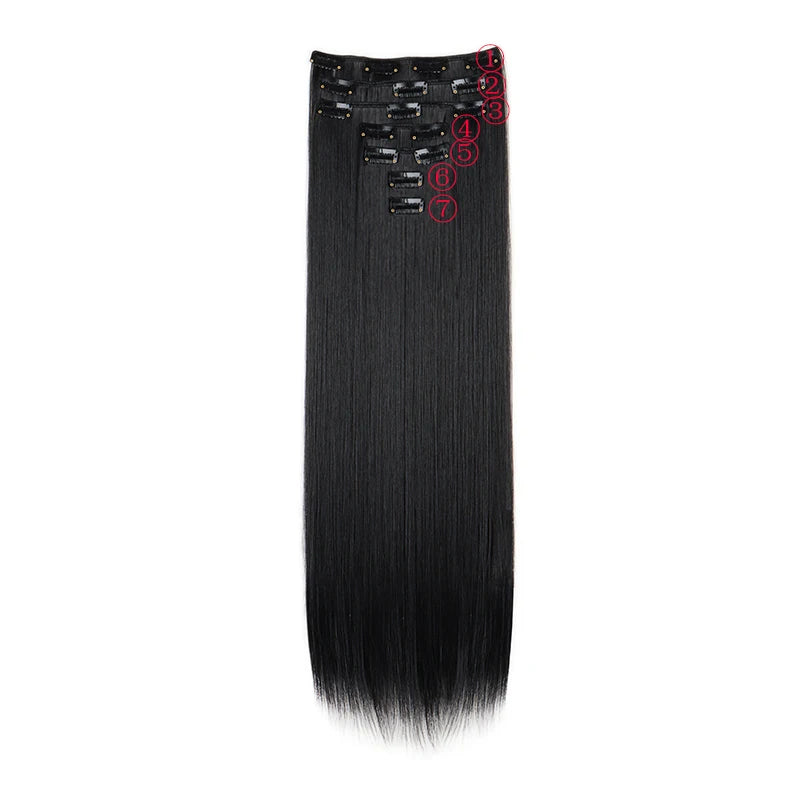 16 clips Synthetic Long Straight Hair Extensions Clips in Hair Black Brown 7Pcs/set Hairpiece for Women