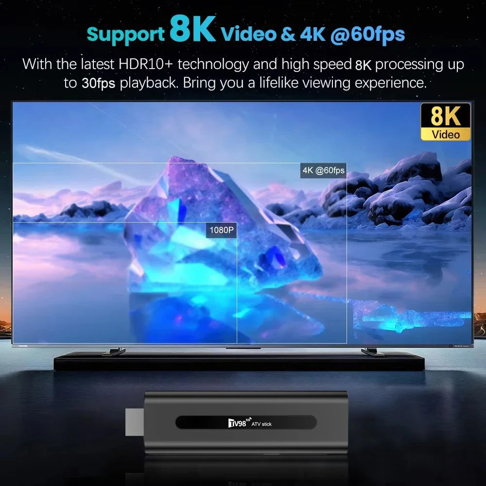 TV98 8K ATV Smart TV Stick BT5.0 Android 14 ATV Allwinner H618 2.4G 5G Wifi Support OTA 4K Player 2GB 16GB Voice remote TV Box