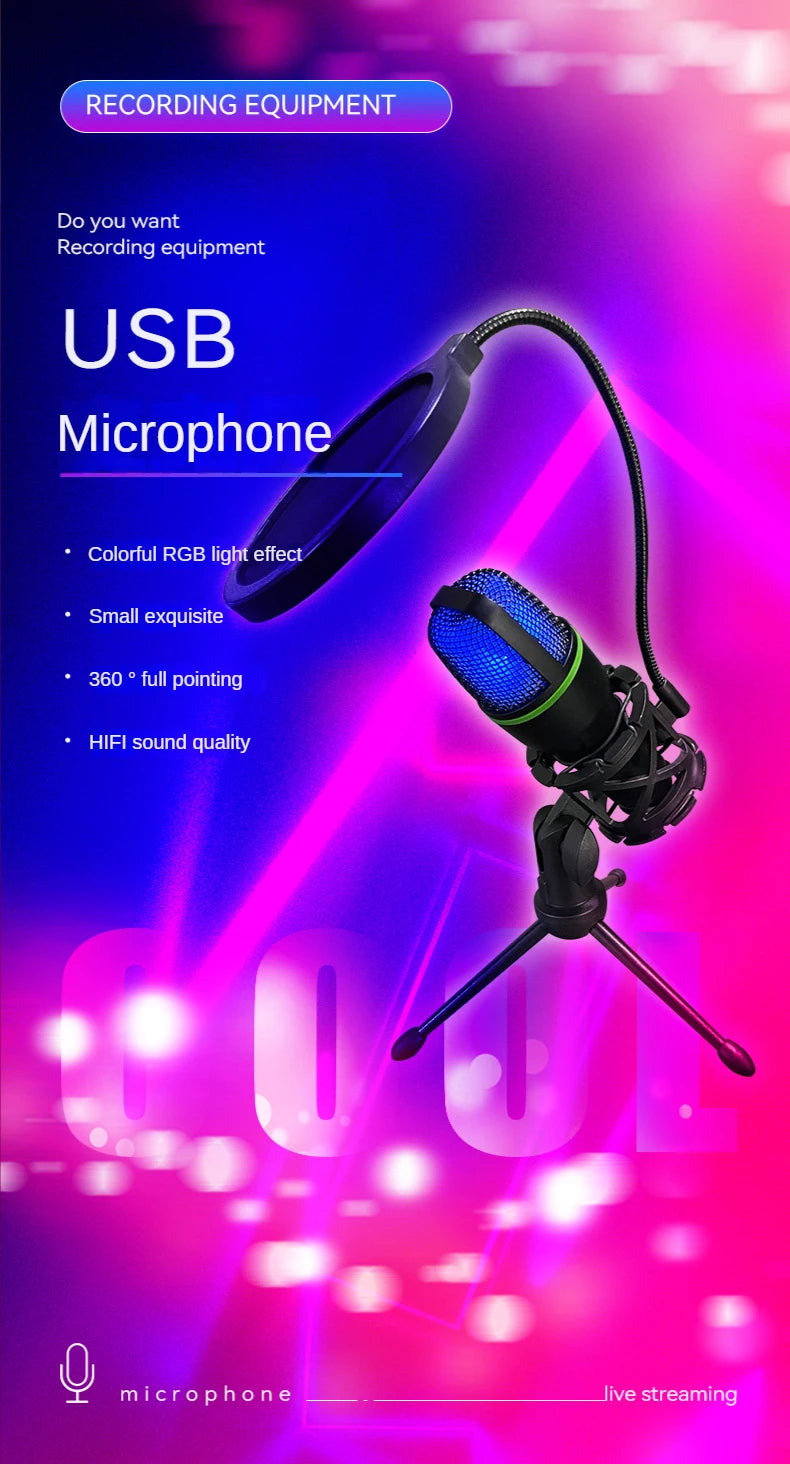 ME4 RGB Condenser Microphone USB Wired Desktop Tripod MIC For Recording Live Gaming Video Noise Reduction Conference Microphone