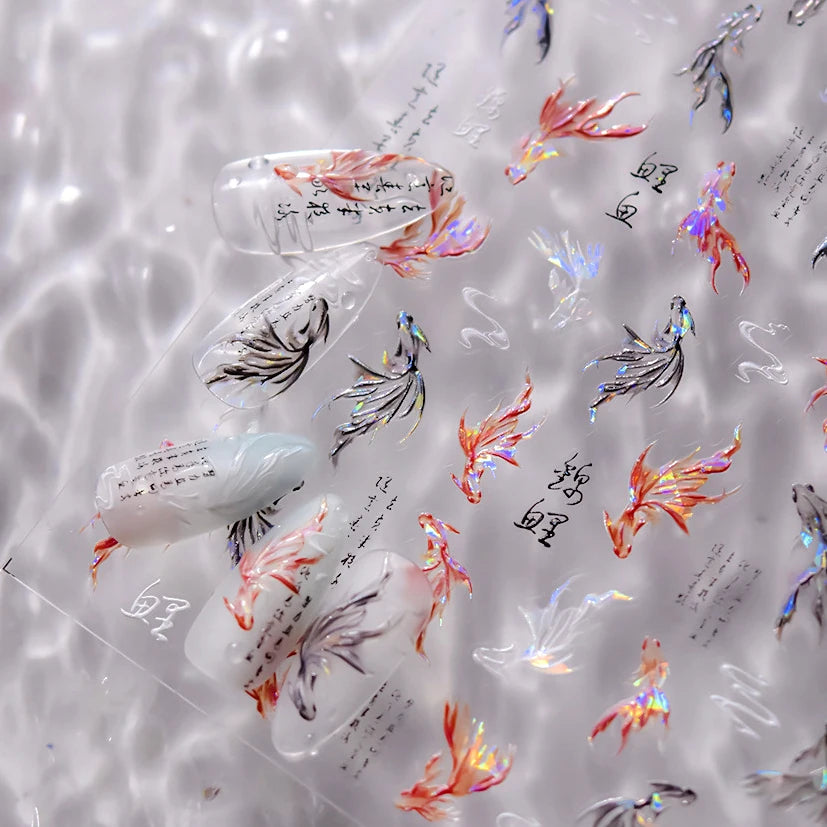 Chinese Koi Goldfish Carp Red White Black Fish Lotus Flower Dolphin Mermaid Summer Soft Reliefs Nail Art Stickers Manicure Decal
