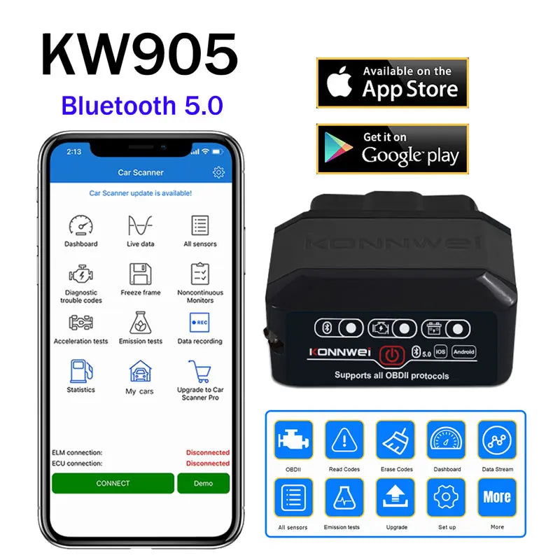 Konnwei Bluetooth 5.0 ELM327 V1.5 OBD2 Scanner KW906 OBDII Auto Diagnostic-Tools ELM 327 V 1.5 OBD 2 Car Code Readers Scan Tools