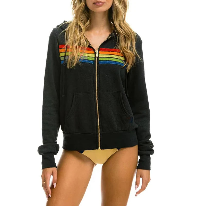 2024 Aviator Nation Women Men Zipper Rainbow Long Sleeve Hooded Sweatershirt Harajuku Elastic Hip Hop 5 Stripe Hoodies Jacket