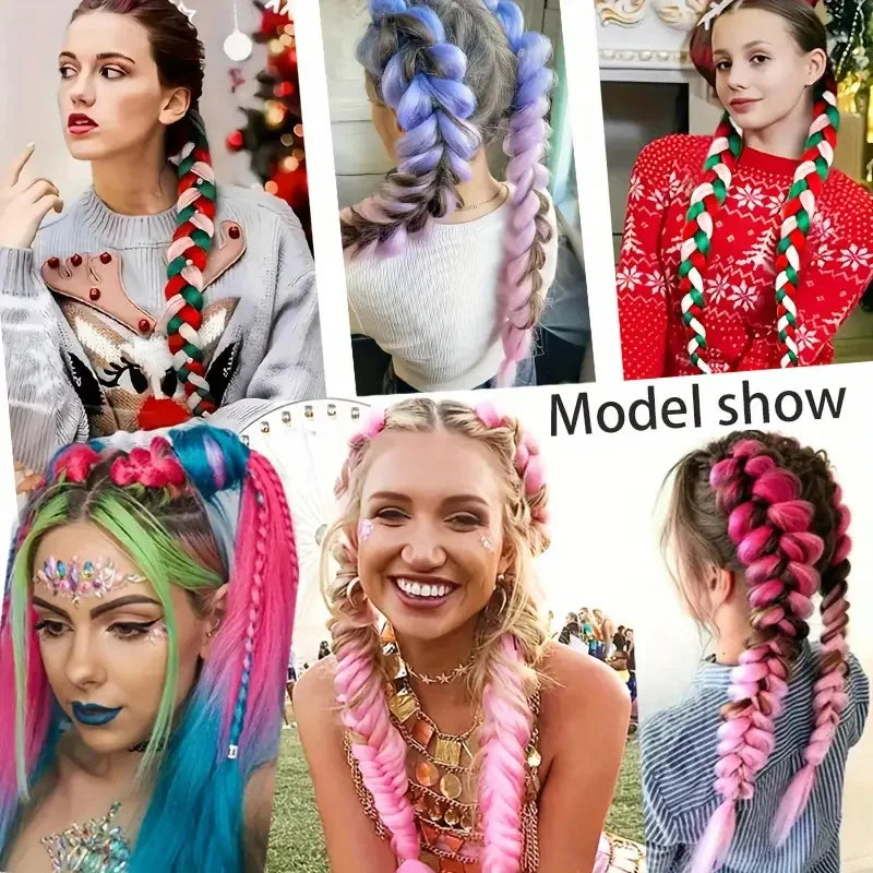 2PCS 24Inch Synthetic Long Straight Ponytail with Elastic Hair Colorful Braiding Hair Ponytail Hair Extensions Hair Accessories