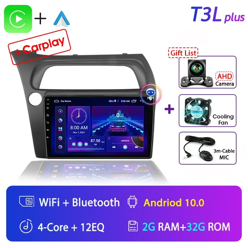 For Honda Civic Hatchback 2006-2011 Android 12 Car Radio Multimedia Video Navigation 2 Din Stereo DVD Head Unit Speaker Carplay