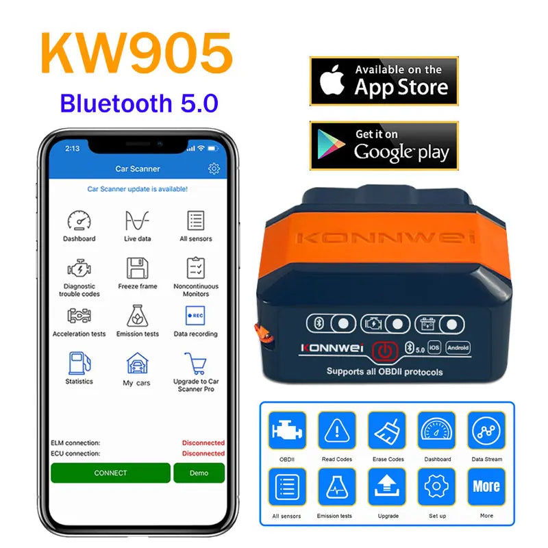 Konnwei Bluetooth 5.0 ELM327 V1.5 OBD2 Scanner KW906 OBDII Auto Diagnostic-Tools ELM 327 V 1.5 OBD 2 Car Code Readers Scan Tools