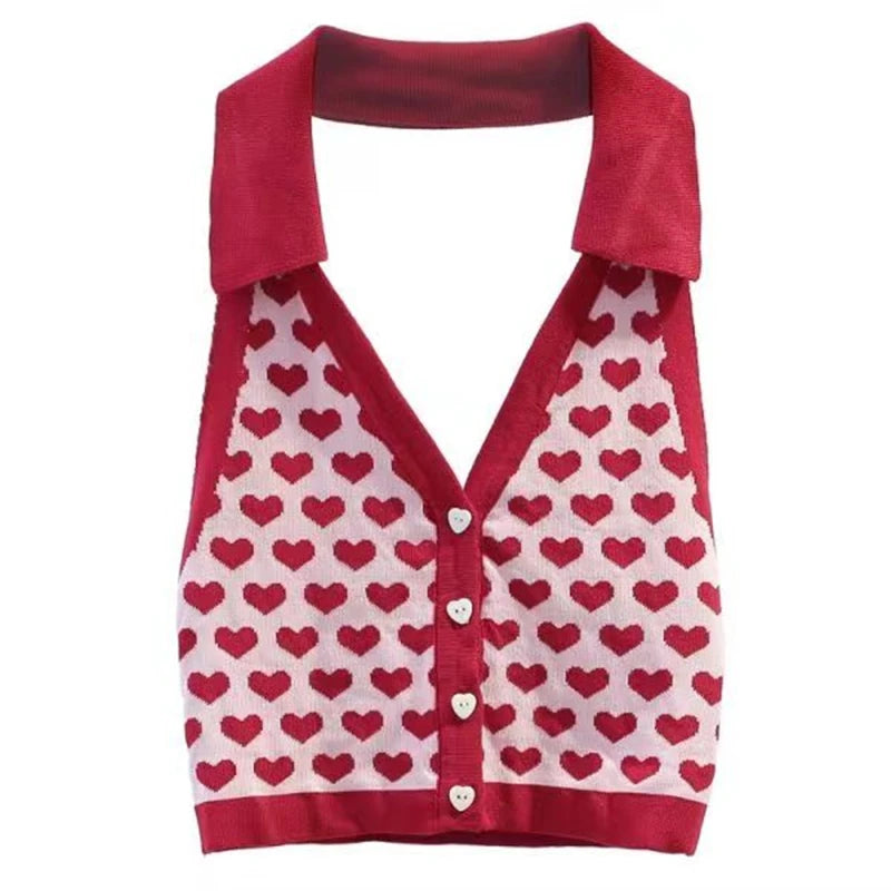 Y2k Heart Halter Vest Teengirl Button Front Sleeveless Collared Crop Top Women's Tanks and Cami Summer Vacation Outfit