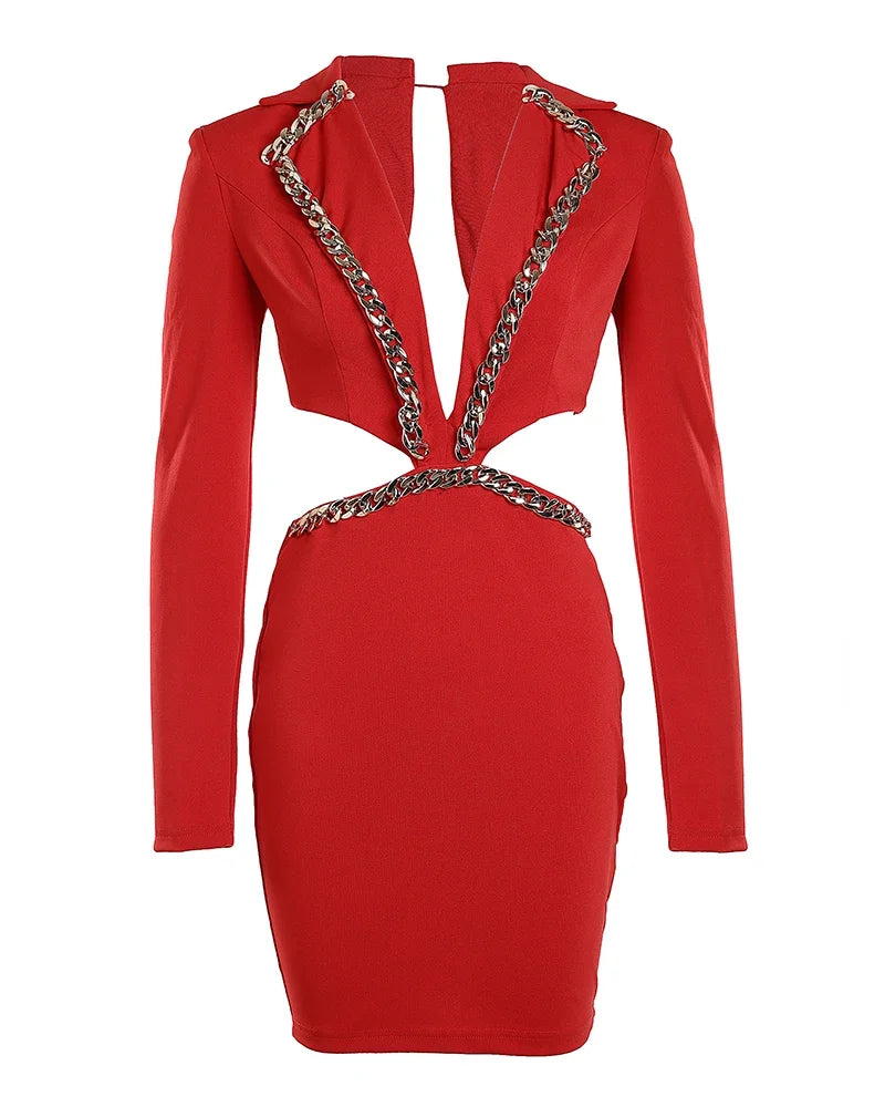 Elegant Sexy Dresses for Women Summer Style Backless Long Sleeved V-neck Collar Hollow Chain Tight Party Banquet Dress