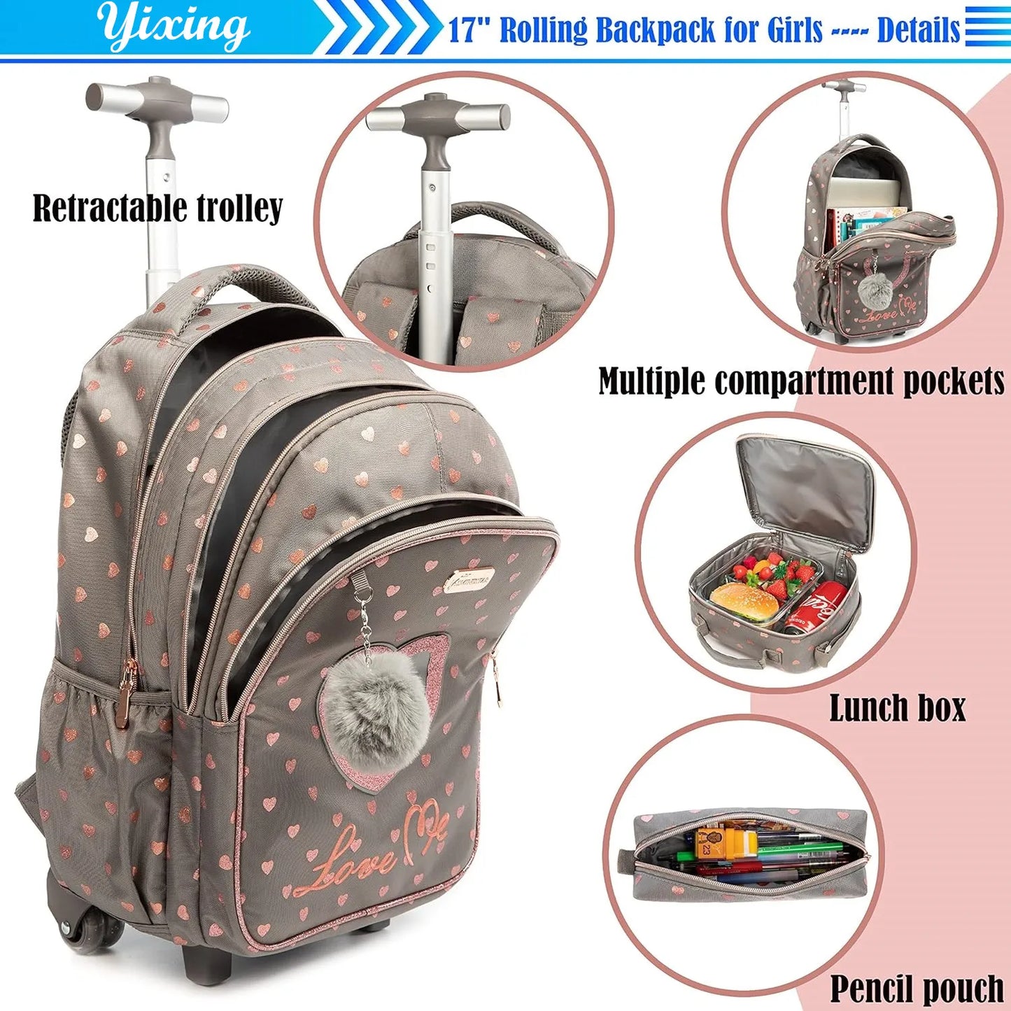 Children's Wheeled Backpack Bag Set with Lunch Box School Rolling Backpack Bag with Wheels School Trolley Backpack Bag for Girls