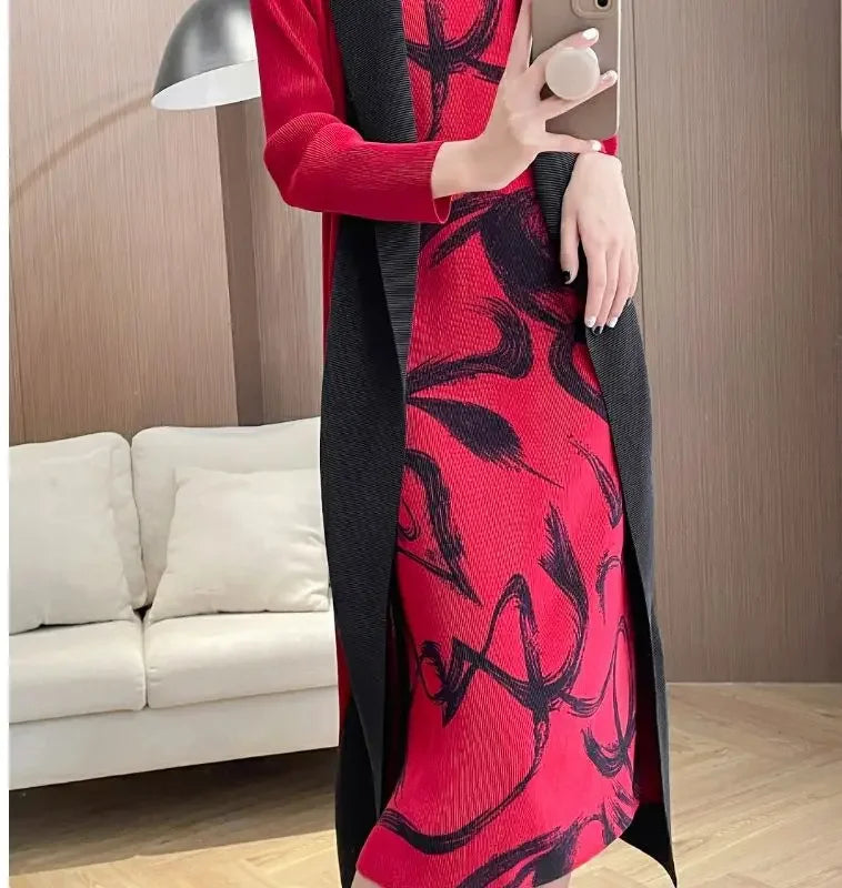 Folded Fake Two Piece Dress 2025 Spring Large Sleeves Round Neck Printed Mom's Dress  Y2k Dress