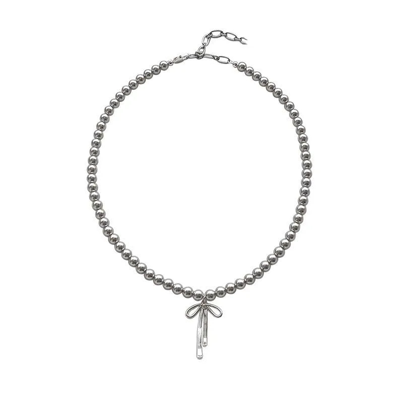 Vintage Gray Pearls Bowknot Pendant Choker Necklace For Women Fashion Beaded Clavicle Chain Necklace Wedding Jewelry Gift