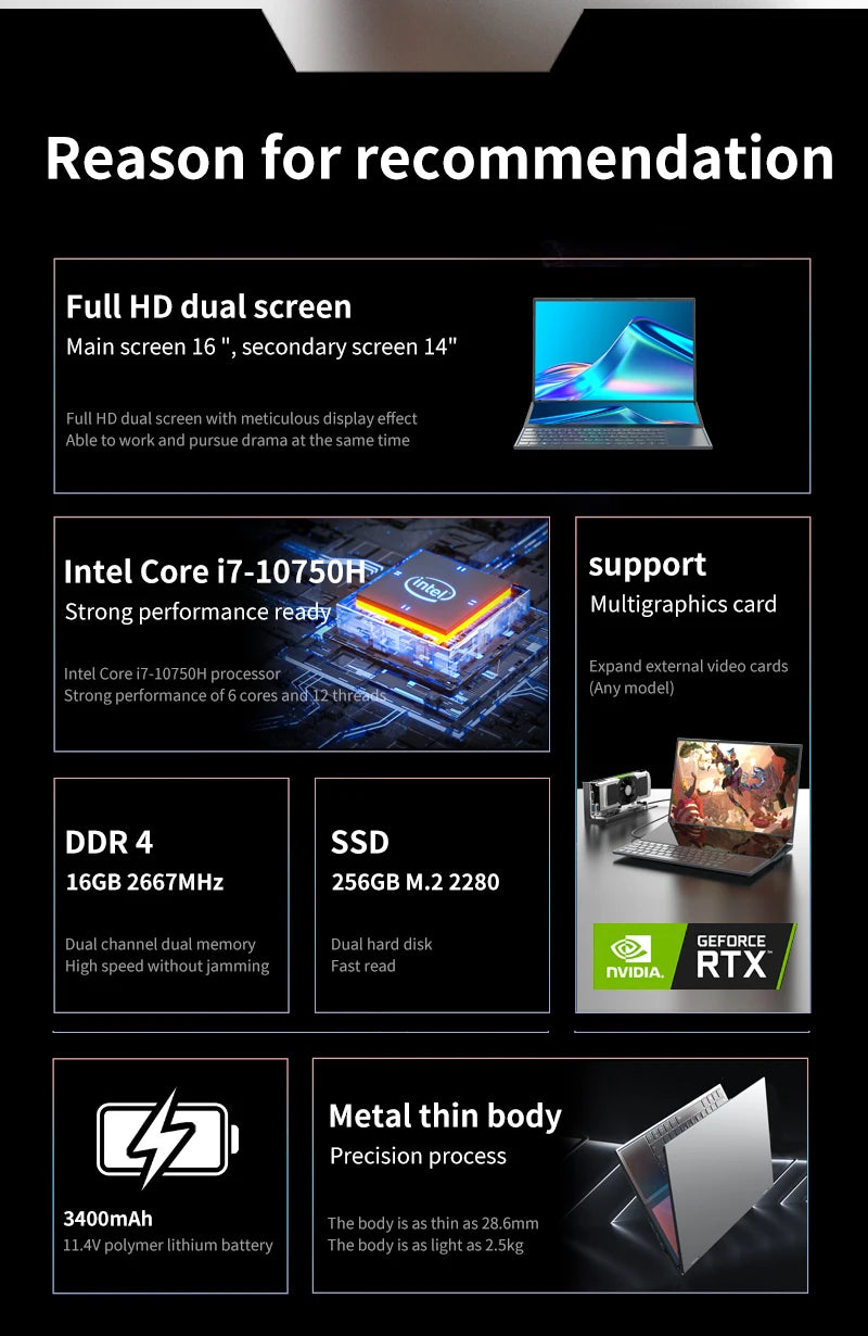 Topton Dual Screen Gaming Laptop 16 Inch IPS + 14'' Touch Intel i9-10885H I7-10750H Max 64GB 4TB Slim Notebook Gamer PC Computer