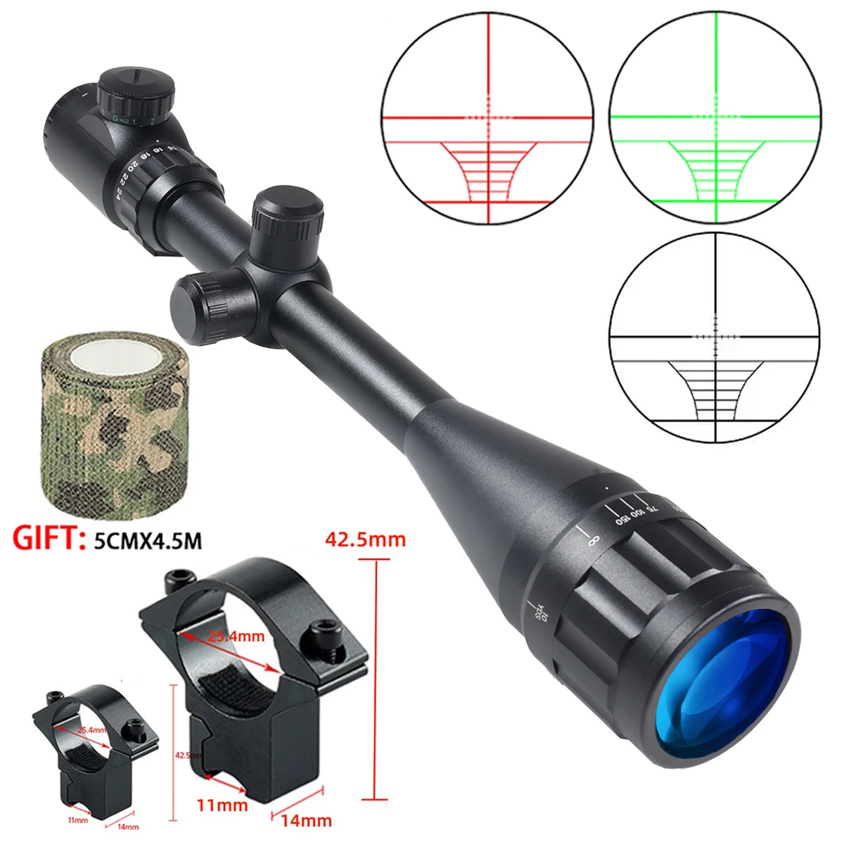 Tactical 6-24x50 AOEG Optical Sight Long Range Rifle Scope with Red Green Dot Laser Combo Riflescope Hunting Airsoft Scopes