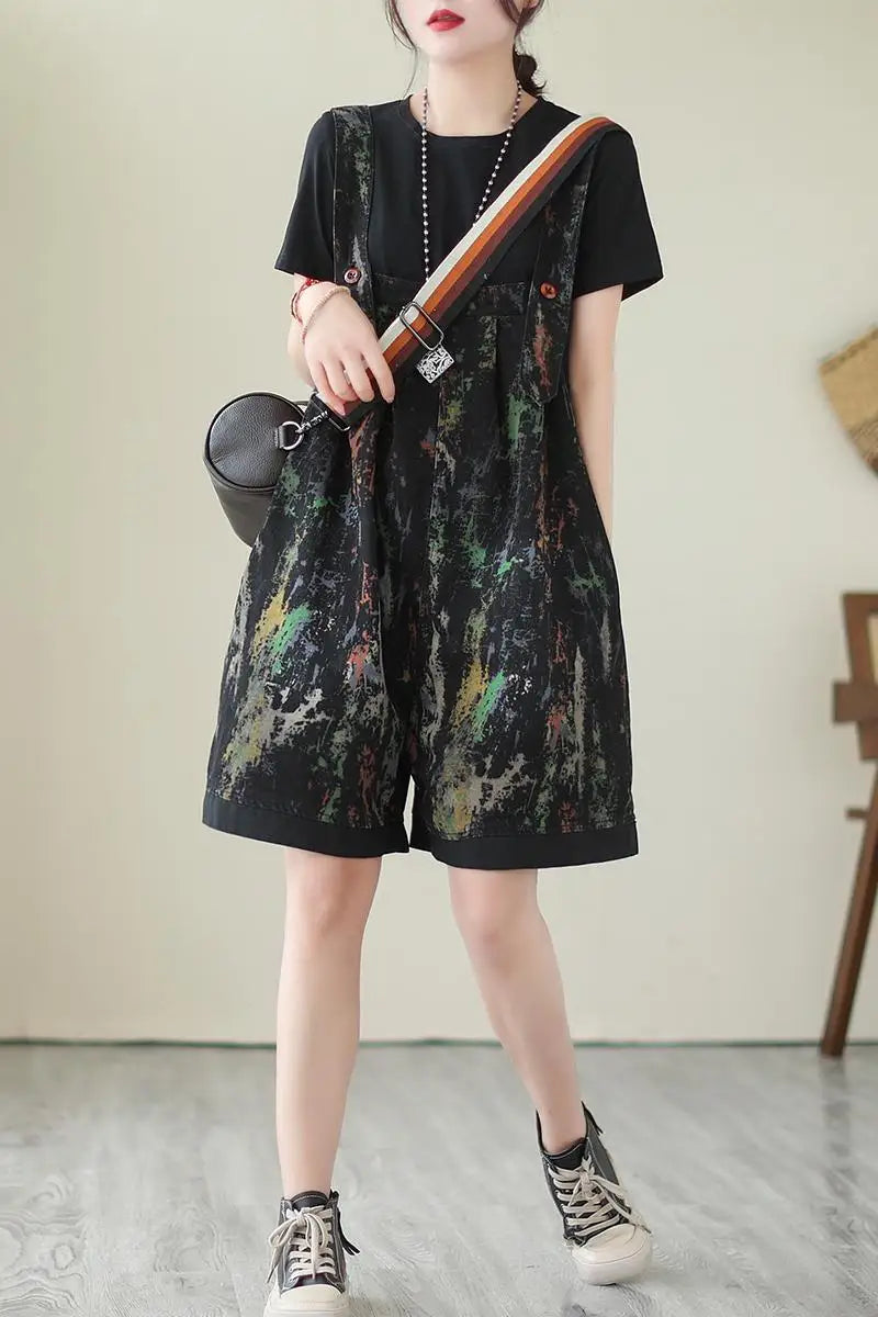 Summer European and American Style Retro Fashion Large Size Printed Denim Suspenders Loose Thin Section Jumpsuit Shorts Female