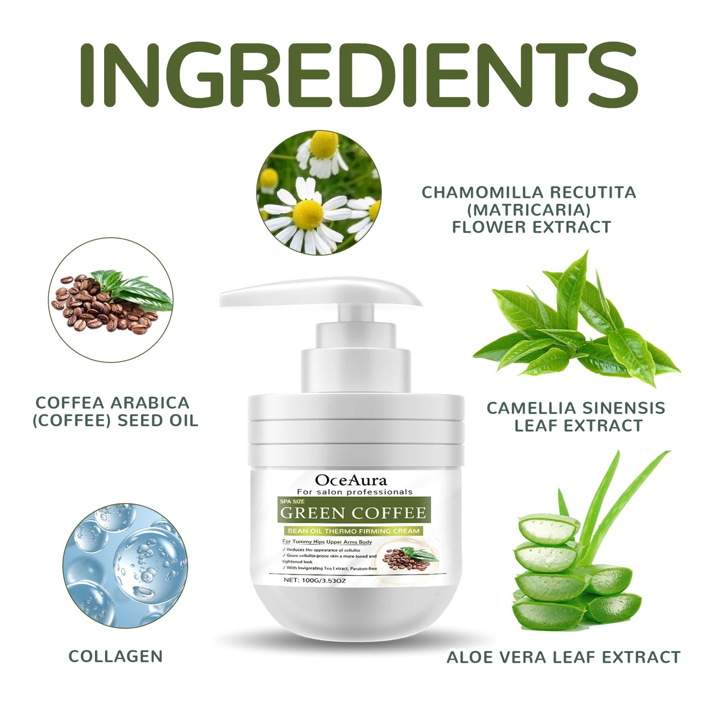 OceAura Green Coffee Bean Firming Body Cream Moisten the Skin Cream Caffeine Body Lotion Moisturizer To Firm Tighten Skin