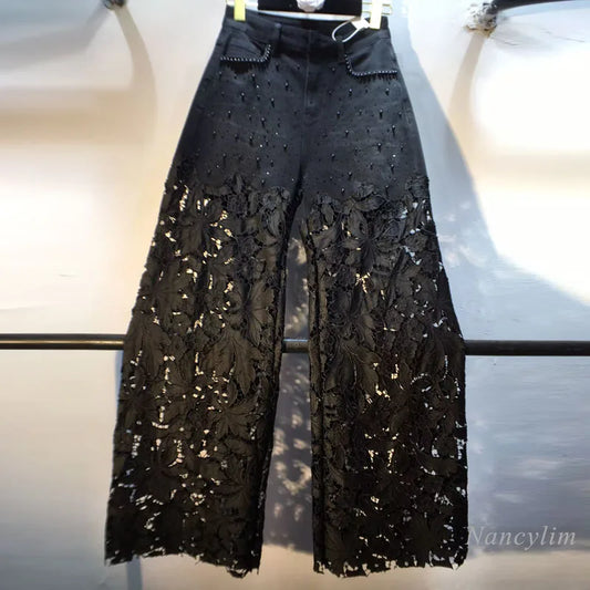 European Black Lace Denim Pants, 2025 Summer New Heavy Industry Beads Hot Diamond Denim Splicing Crochet Hollow Lace Jeans Women