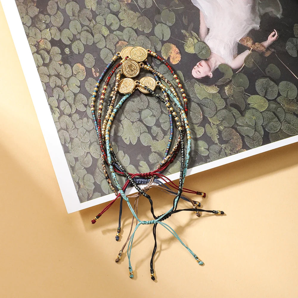 ZMZY Ancient Coin Saint Benedict Rosary Bracelet Glass Beads Strand Rope Catholic Religous Jewelry For Men Women