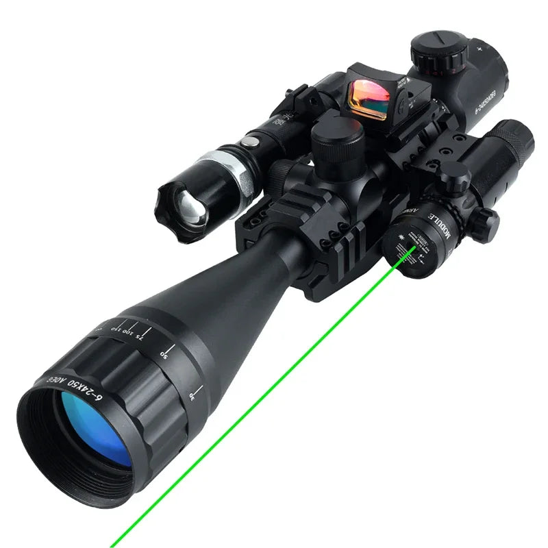 Tactical 6-24x50 AOEG Optical Sight Long Range Rifle Scope with Red Green Dot Laser Combo Riflescope Hunting Airsoft Scopes