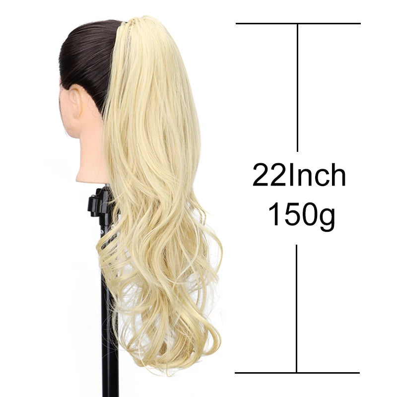 Synthetic 22Inch Long Wavy Curly Layered Ponytail Drawstring Clip in Hairpiece Black Blonde Hair for Women